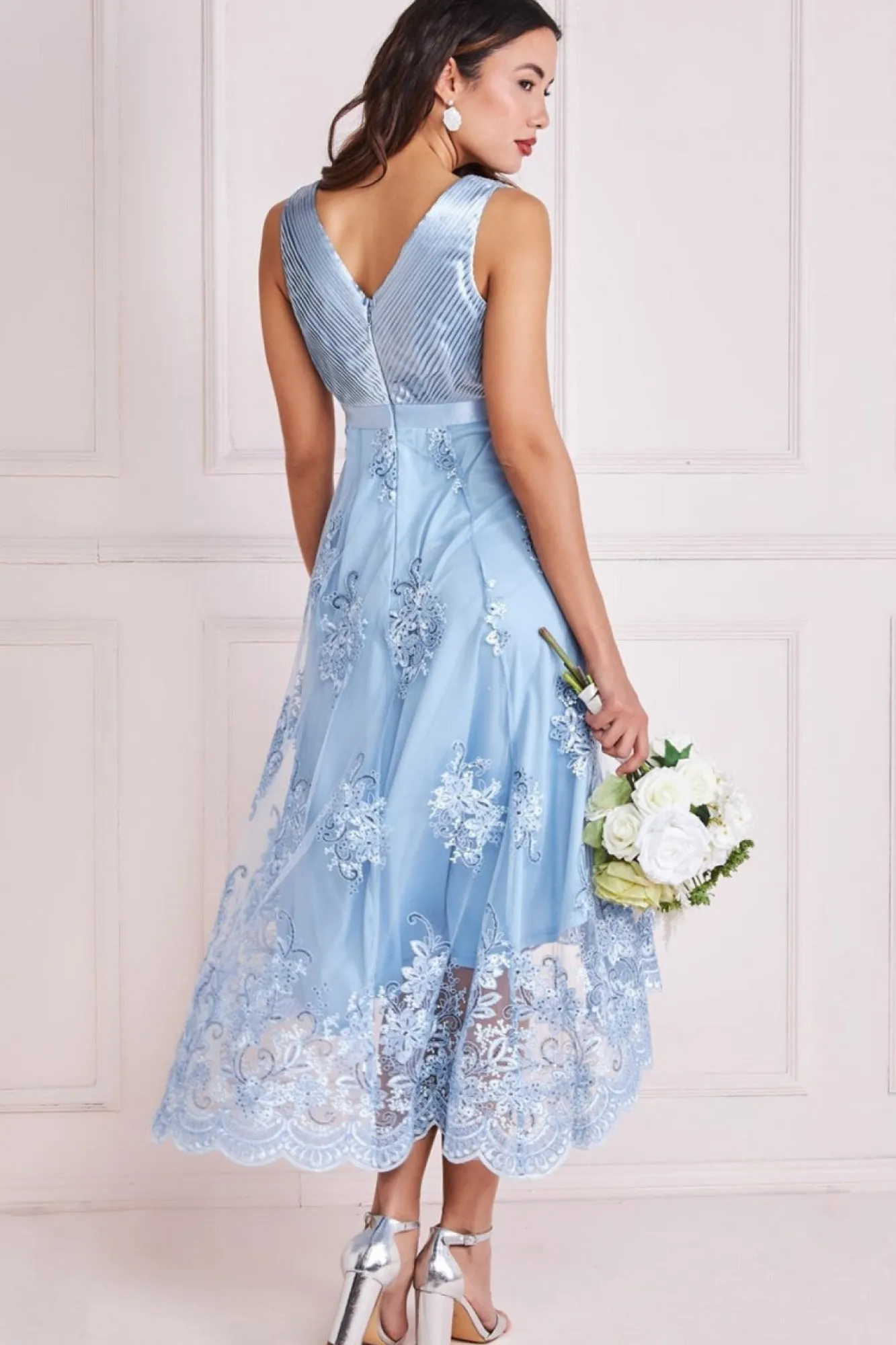 Midi Dresses^* Pleated Satin V Neck High And Low Midi Lightblue
