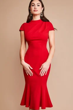 Midi Dresses^* Pleated Shoulder High Neck Midi Dress Red