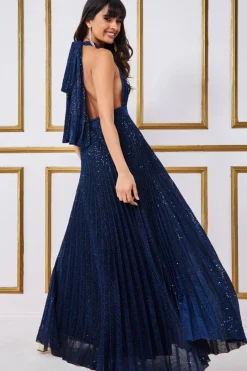 Maxi Dresses^* Plunge Halterneck Sequin Lurex Maxi Navy