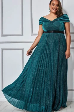 Maxi Dresses^* Plus Bardot Pleated Skirt Maxi Dress Green Emerald