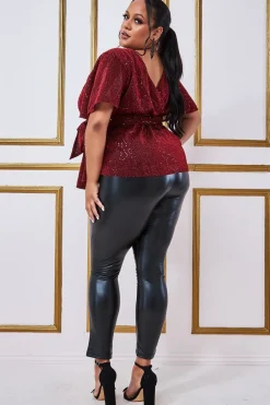 Blouses^* Plus Lurex Flutter Sleeve Wrap Top Wine