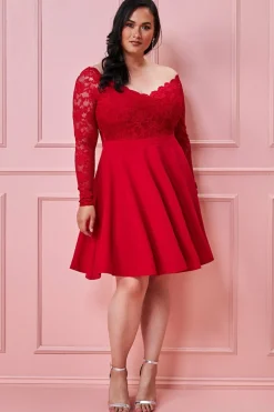 Mini Dresses^* Plus Off The Shoulder Lace Skater Dress Red