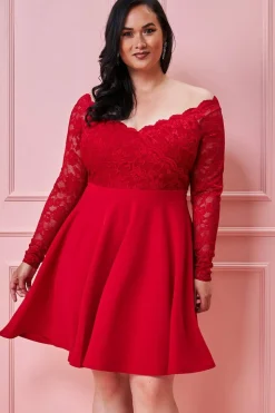 Mini Dresses^* Plus Off The Shoulder Lace Skater Dress Red