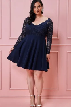 Mini Dresses^* Plus Off The Shoulder Lace Skater Dress Navy