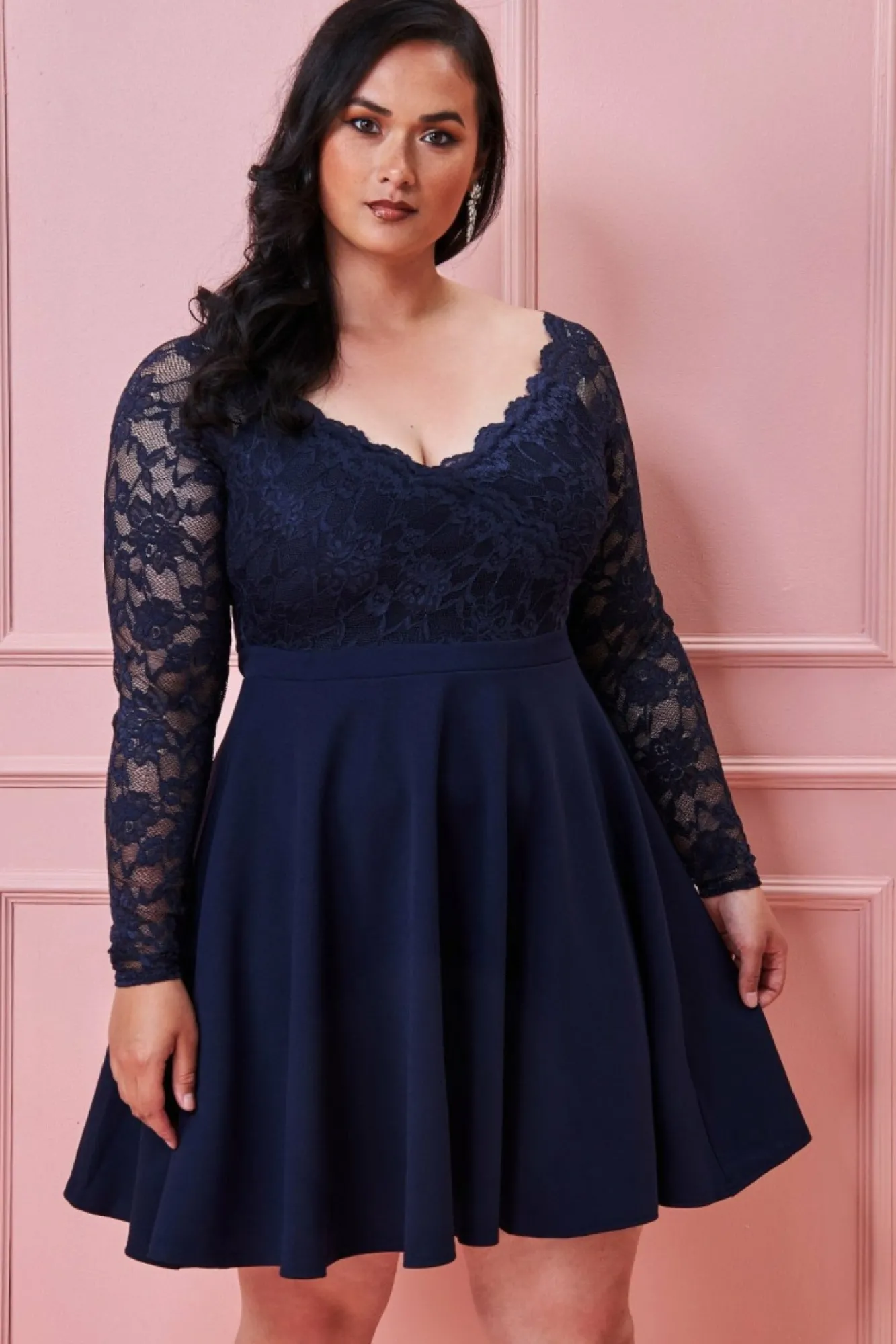 Mini Dresses^* Plus Off The Shoulder Lace Skater Dress Navy