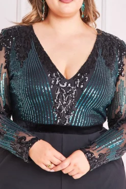 Jumpsuits^* Plus Sequin & Mesh Jumpsuit - Emerald Green