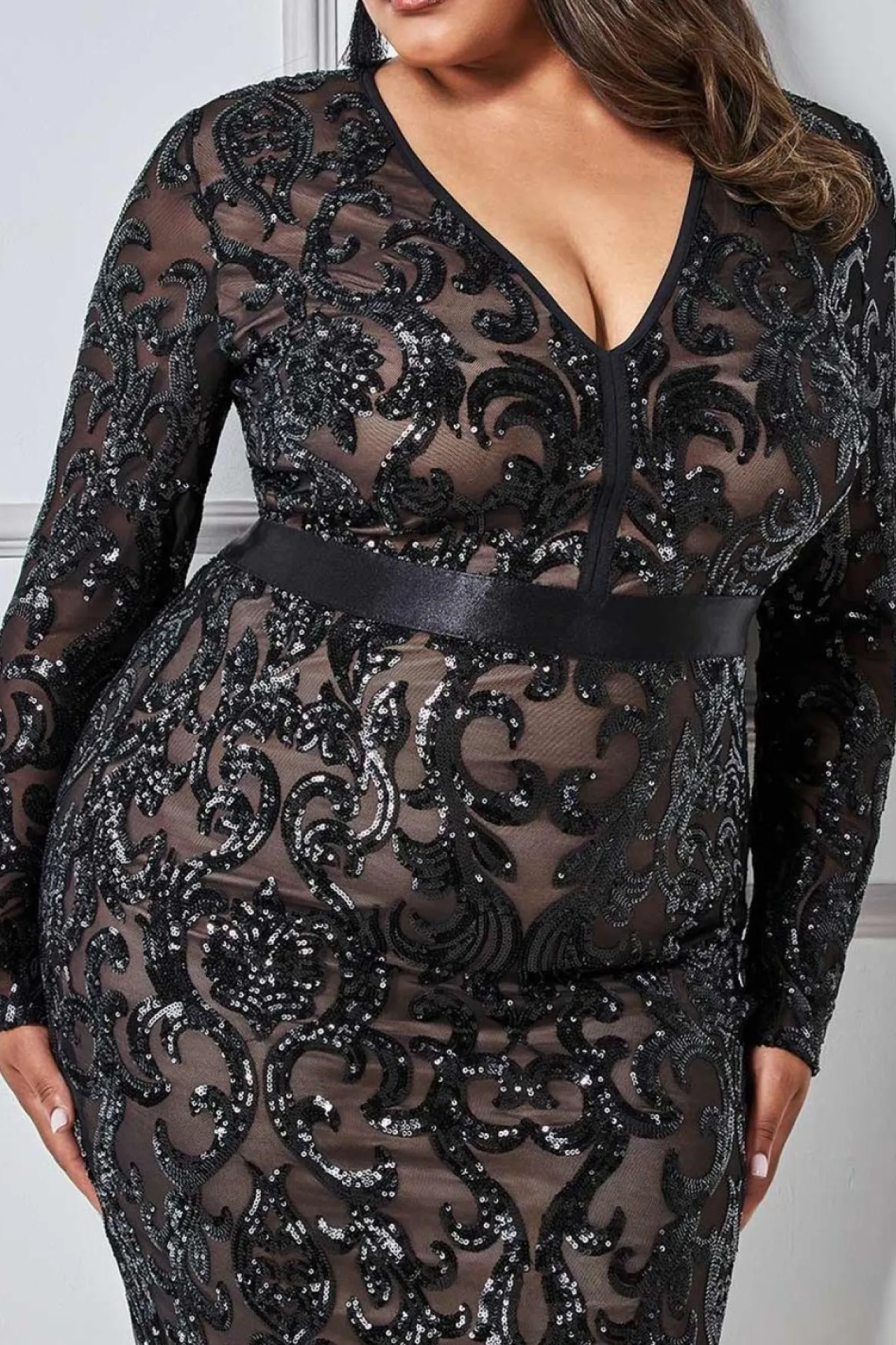 Midi Dresses^* Plus Sequin & Mesh Midi Dress Black