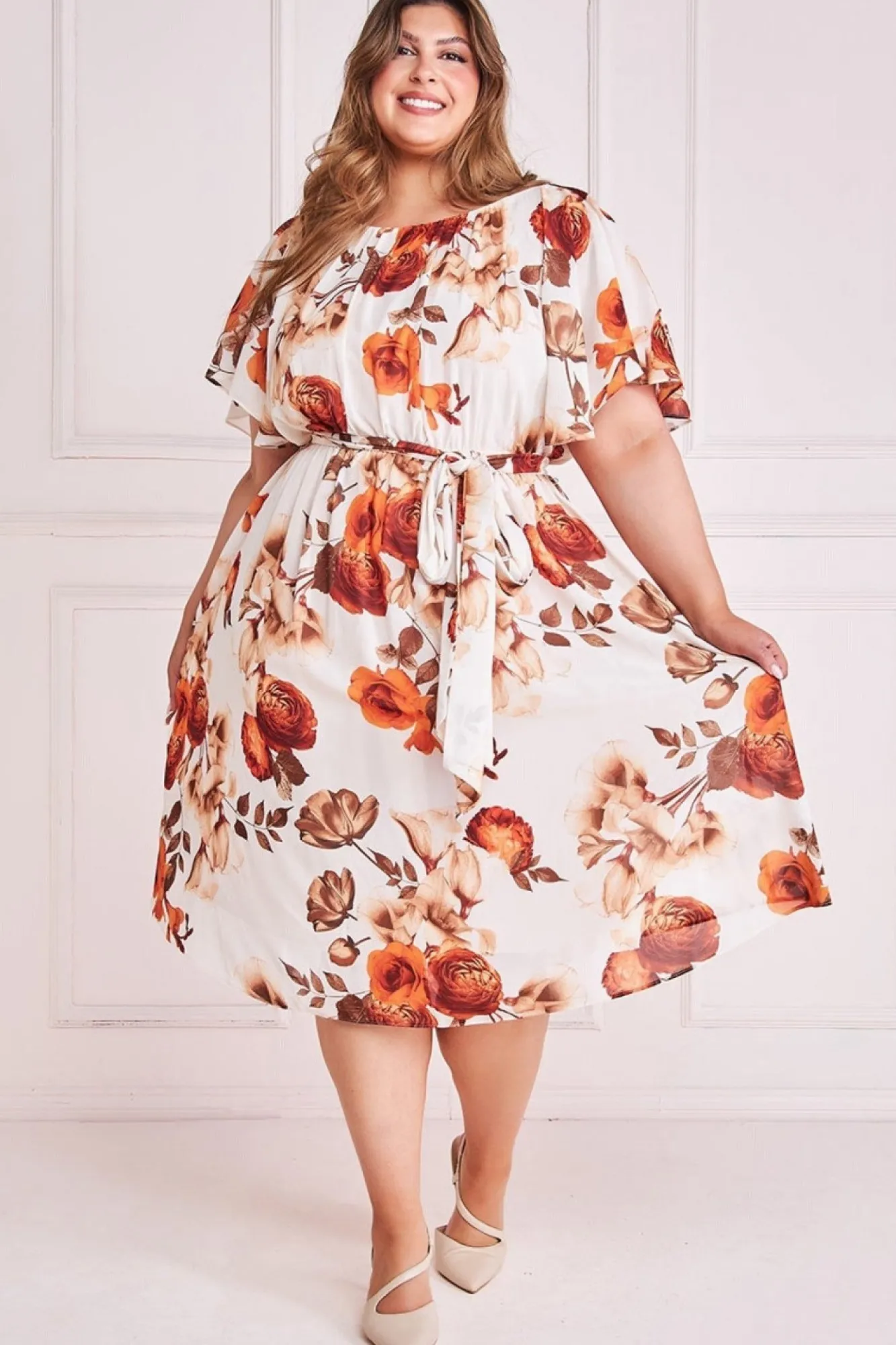 Midi Dresses^* Plus Wrap Back Flutter Sleeve Midi Dress Beige