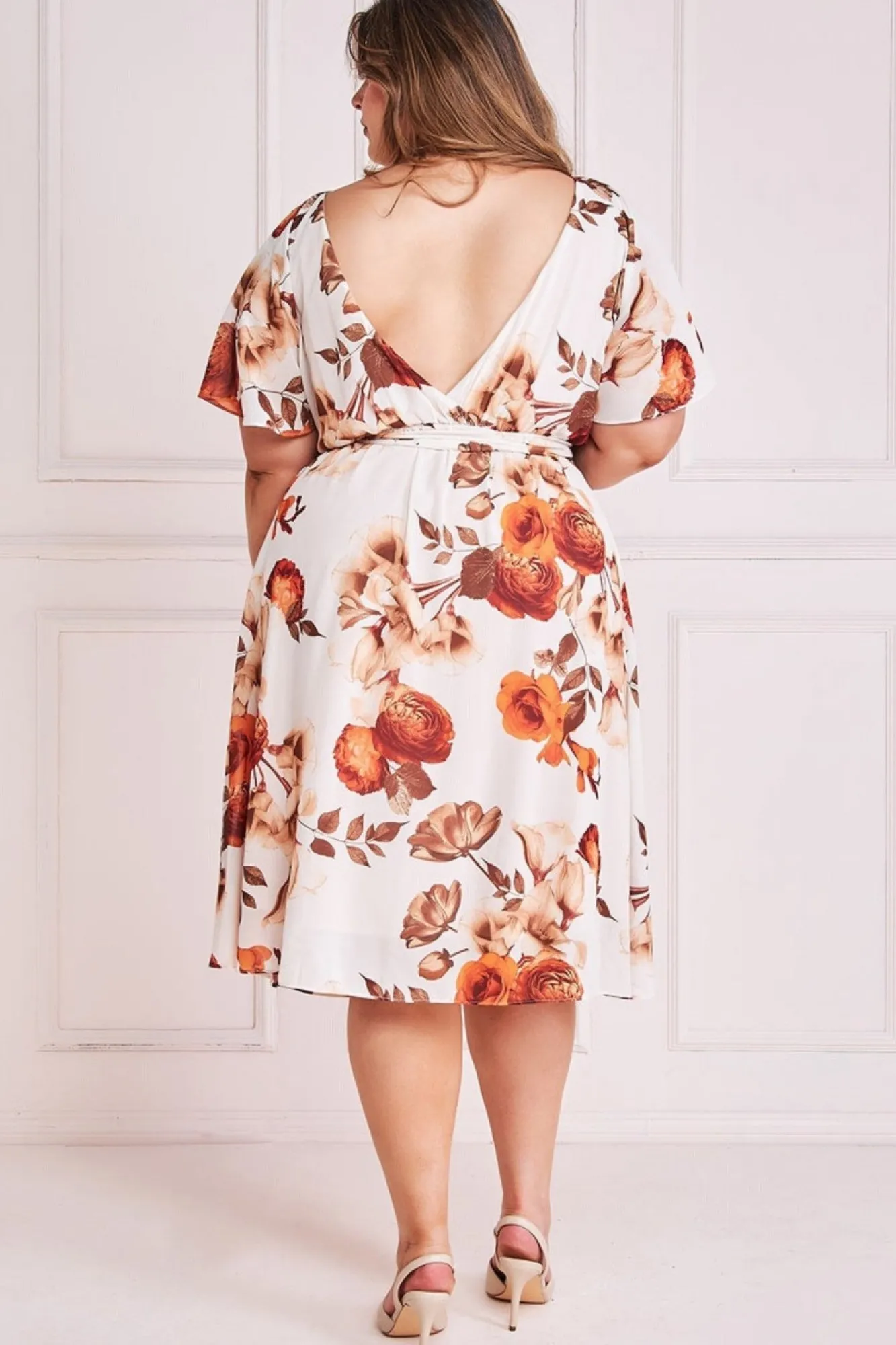 Midi Dresses^* Plus Wrap Back Flutter Sleeve Midi Dress Beige