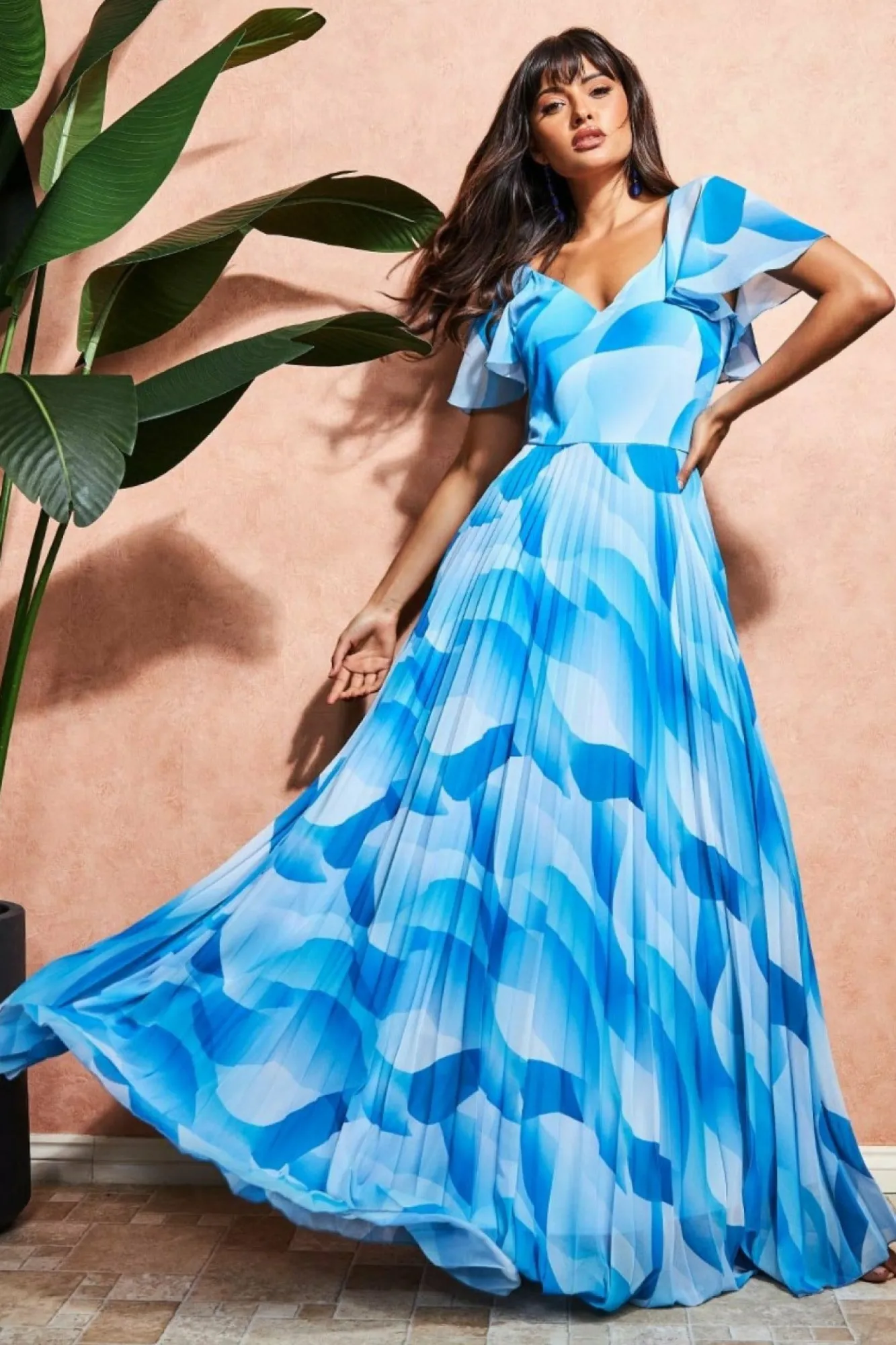 Maxi Dresses^* Printed Chiffon Pleated Maxi Dress Blue