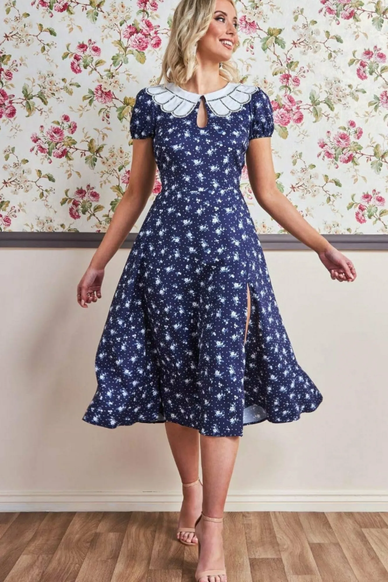 Midi Dresses^* Printed Midi With Front Split Navy
