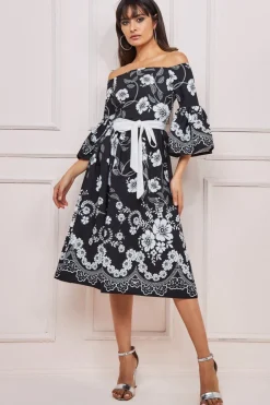 Midi Dresses^* Printed Off The Shoulder Midi Dress Black