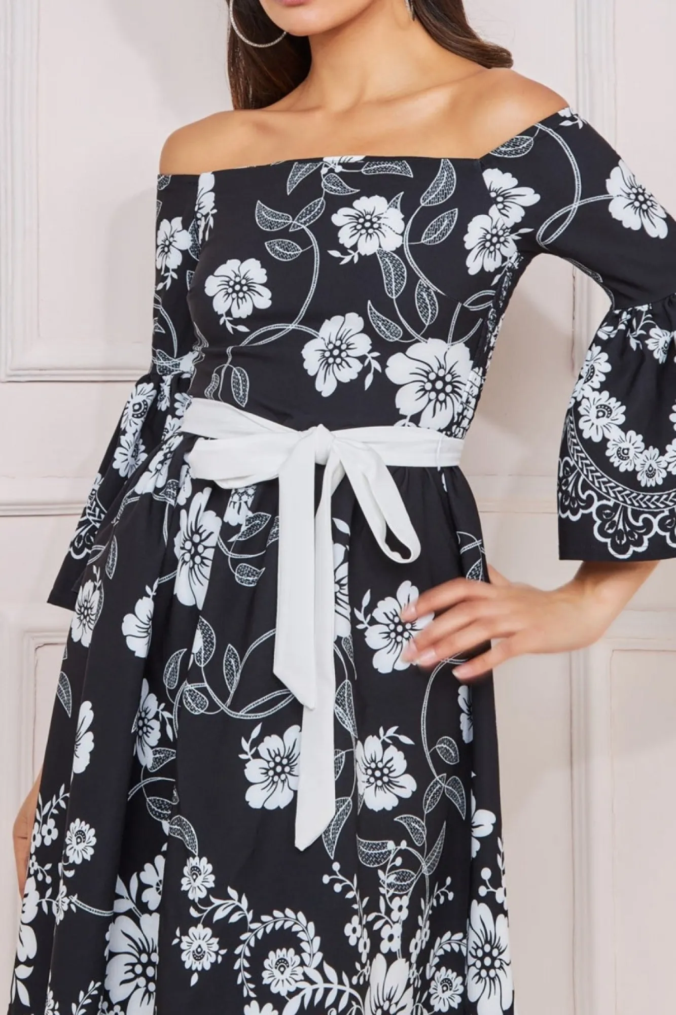 Midi Dresses^* Printed Off The Shoulder Midi Dress Black