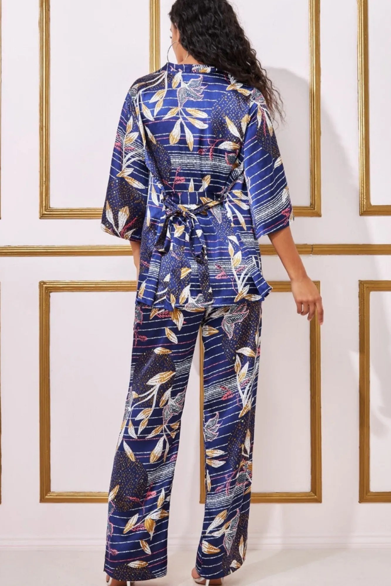 Trousers^* Printed Satin Wide Leg Trouser Navy