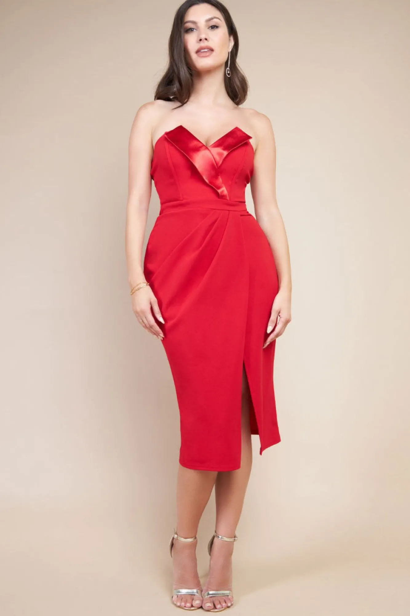 Midi Dresses^* Satin Collar Scuba Midi Dress Red