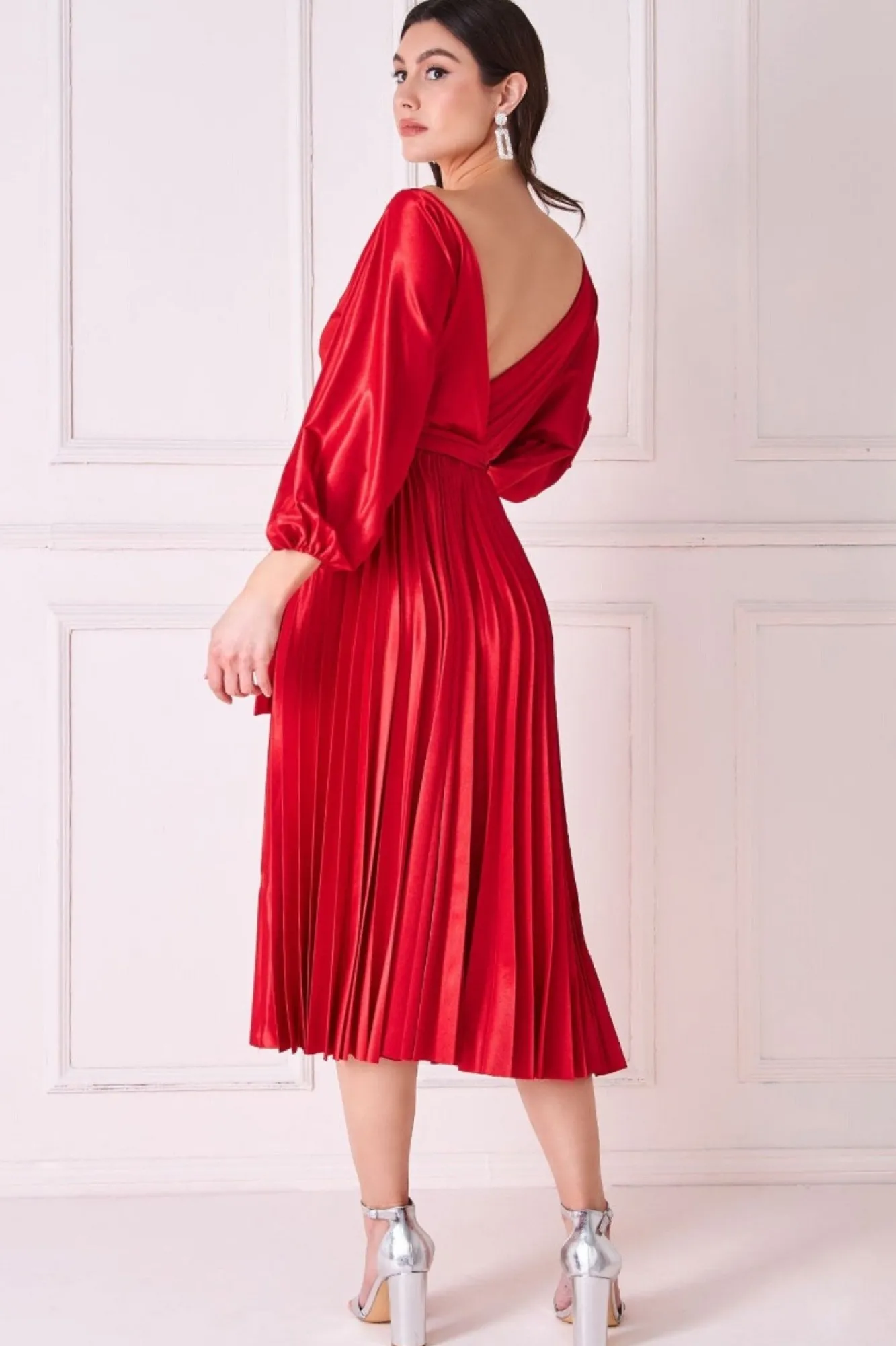 Midi Dresses^* Satin Pleated Skirt Wrap Midi Dress Red