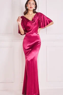 Maxi Dresses^* Satin Viscose Cowl Neck Maxi With Train Burgundy