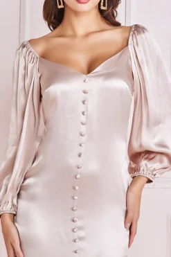 Midi Dresses^* Satin Viscose Front Buttoned Dipped Hem Champagne