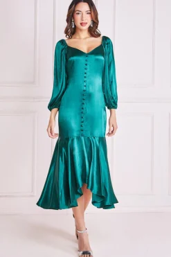 Midi Dresses^* Satin Viscose Front Buttoned Dipped Hem Emerald