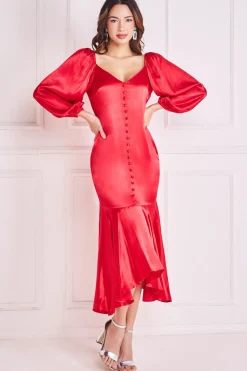 Midi Dresses^* Satin Viscose Front Buttoned Dipped Hem Midi Red
