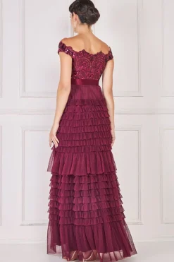Maxi Dresses^* Scallop Bardot Ruffle Mesh Maxi Burgundy