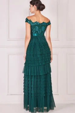 Maxi Dresses^* Scallop Bardot Ruffle Mesh Maxi Emerald