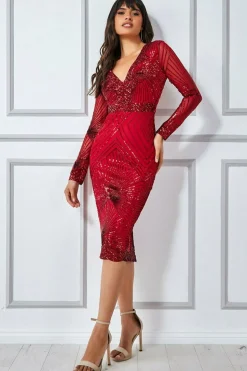 Midi Dresses^* Scalloped Hem Starburst Midi Dress Red