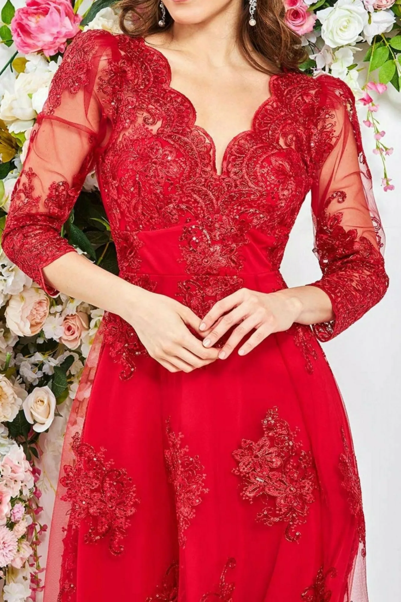 Midi Dresses^* Scalloped Lace High Low Midi Dress Red