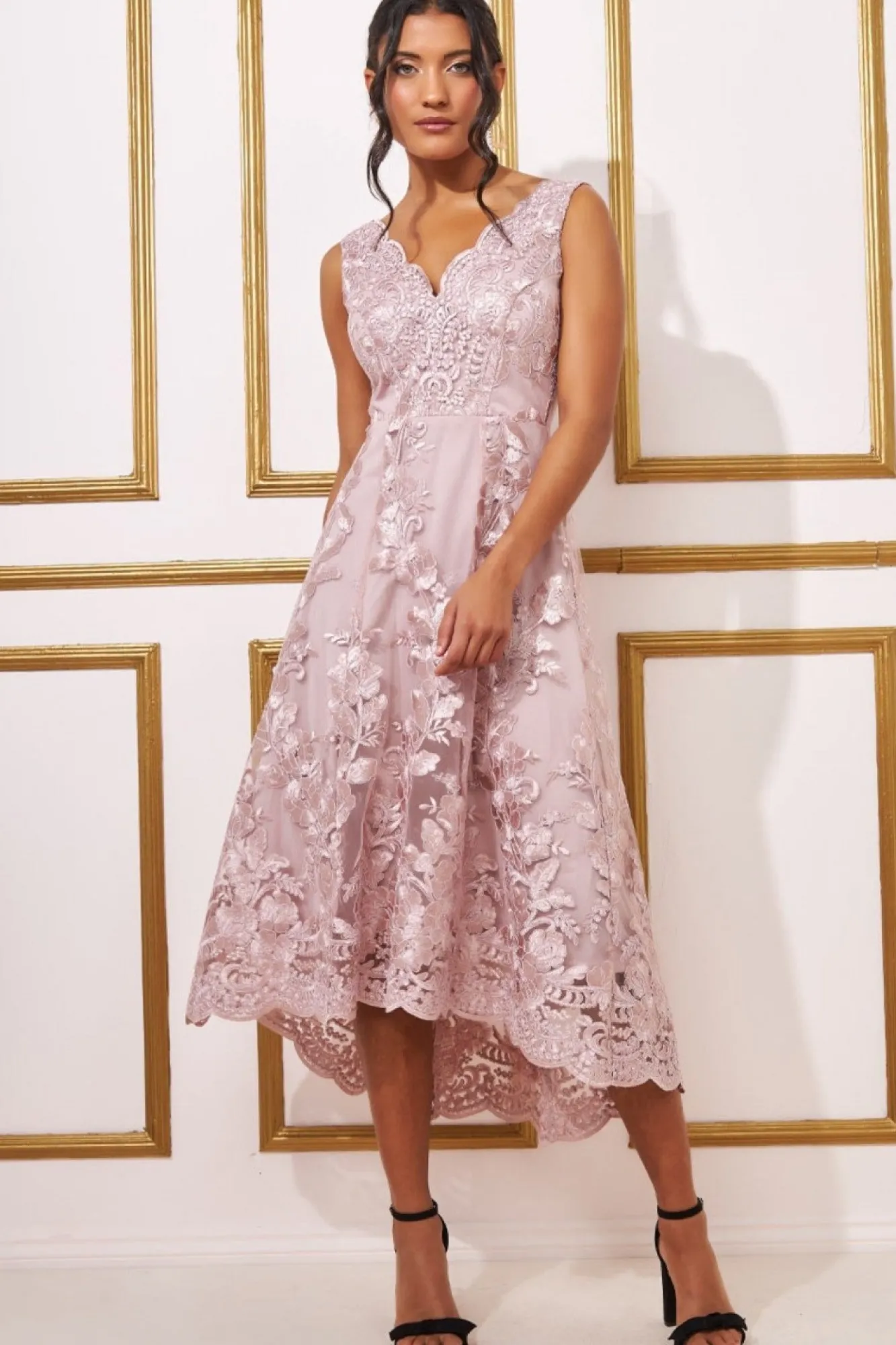 Midi Dresses^* Scalloped Neck Lace Midi Dress Blush