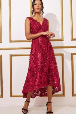 Midi Dresses^* Scalloped Neck Lace Midi Dress Wine