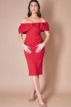 Midi Dresses^* Scuba Crepe Pleated Bardot Midi Red