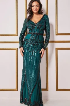 Maxi Dresses^* Sequin & Mesh Embroidered Maxi Emerald