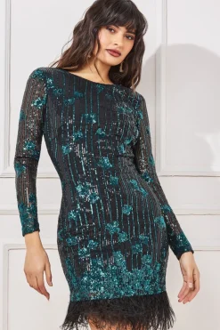 Mini Dresses^* Sequin And Feather Open Back Mini Emerald