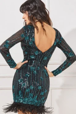 Mini Dresses^* Sequin And Feather Open Back Mini Emerald