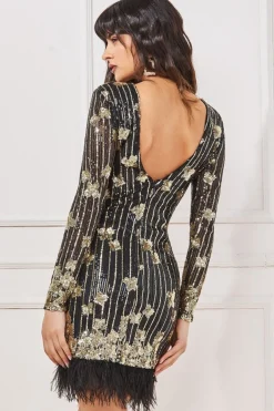 Mini Dresses^* Sequin And Feather Open Back Mini Black