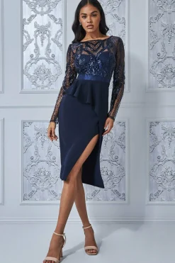 Midi Dresses^* Sequin Bodice With Front Frill Midi Dress Navy