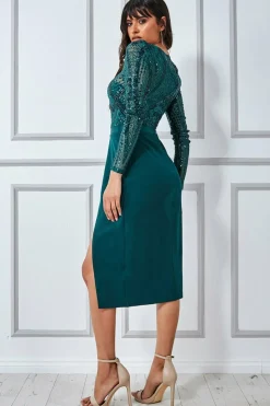 Midi Dresses^* Sequin Bodice With Front Frill Midi Dress Emerald