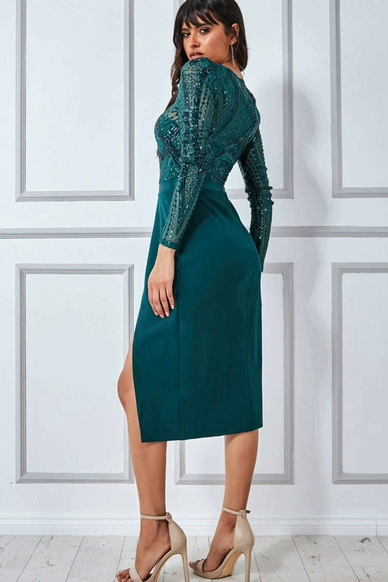 Midi Dresses^* Sequin Bodice With Front Frill Midi Dress Emerald