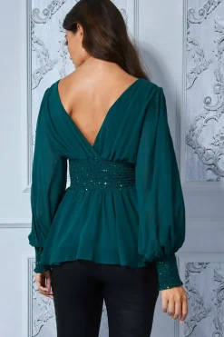 Blouses^* Sequin Chiffon Puffy Sleeve Top Green Emerald