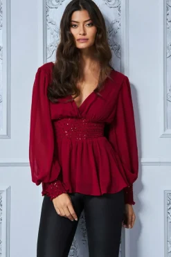 Blouses^* Sequin Chiffon Puffy Sleeve Top Wine