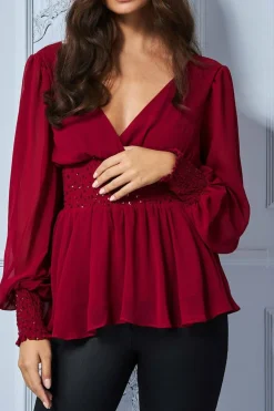 Blouses^* Sequin Chiffon Puffy Sleeve Top Wine