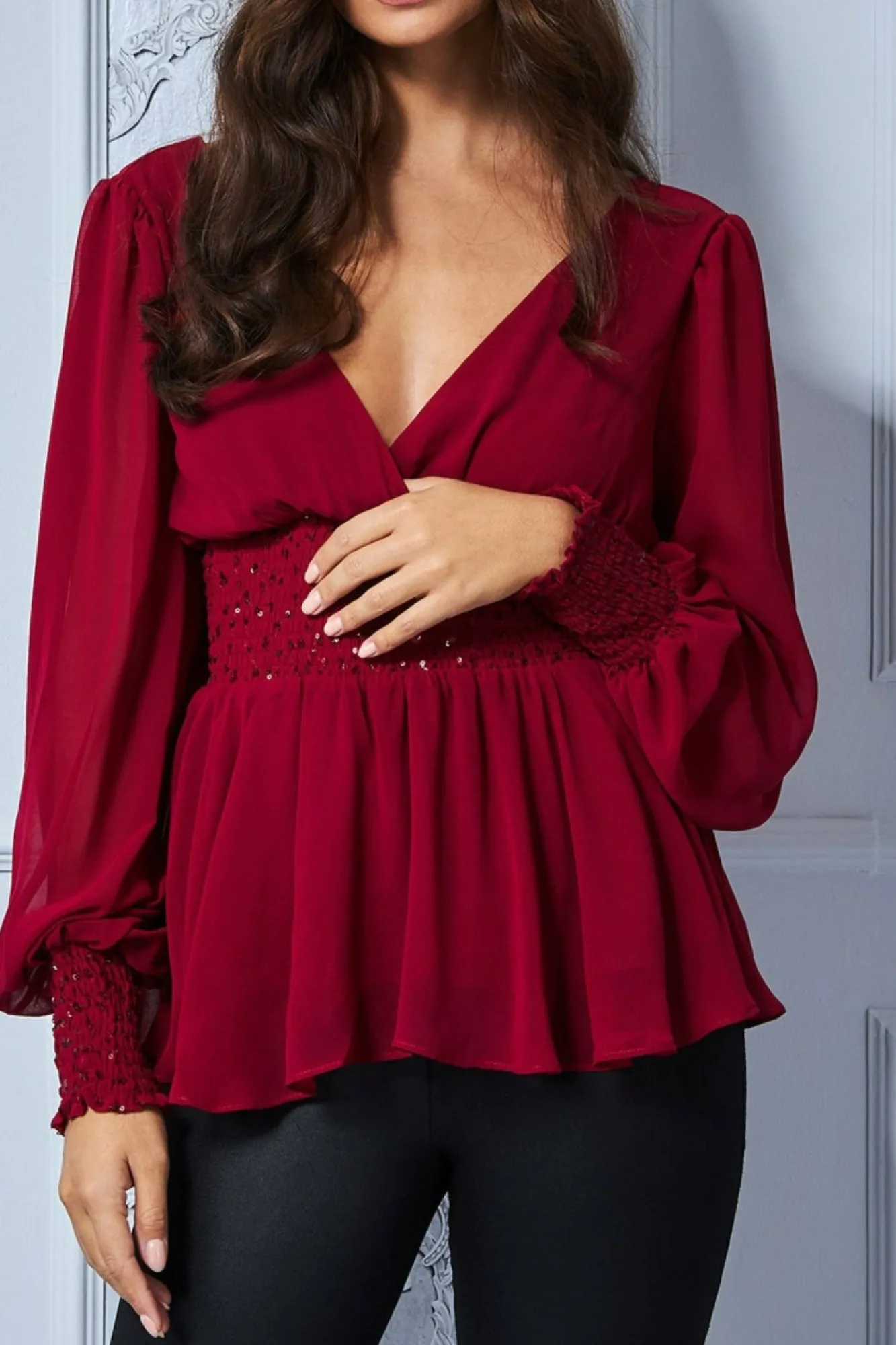 Blouses^* Sequin Chiffon Puffy Sleeve Top Wine