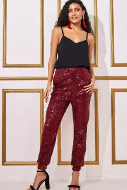 Trousers^* Sequin Cuffed Ankle Trouser Wine