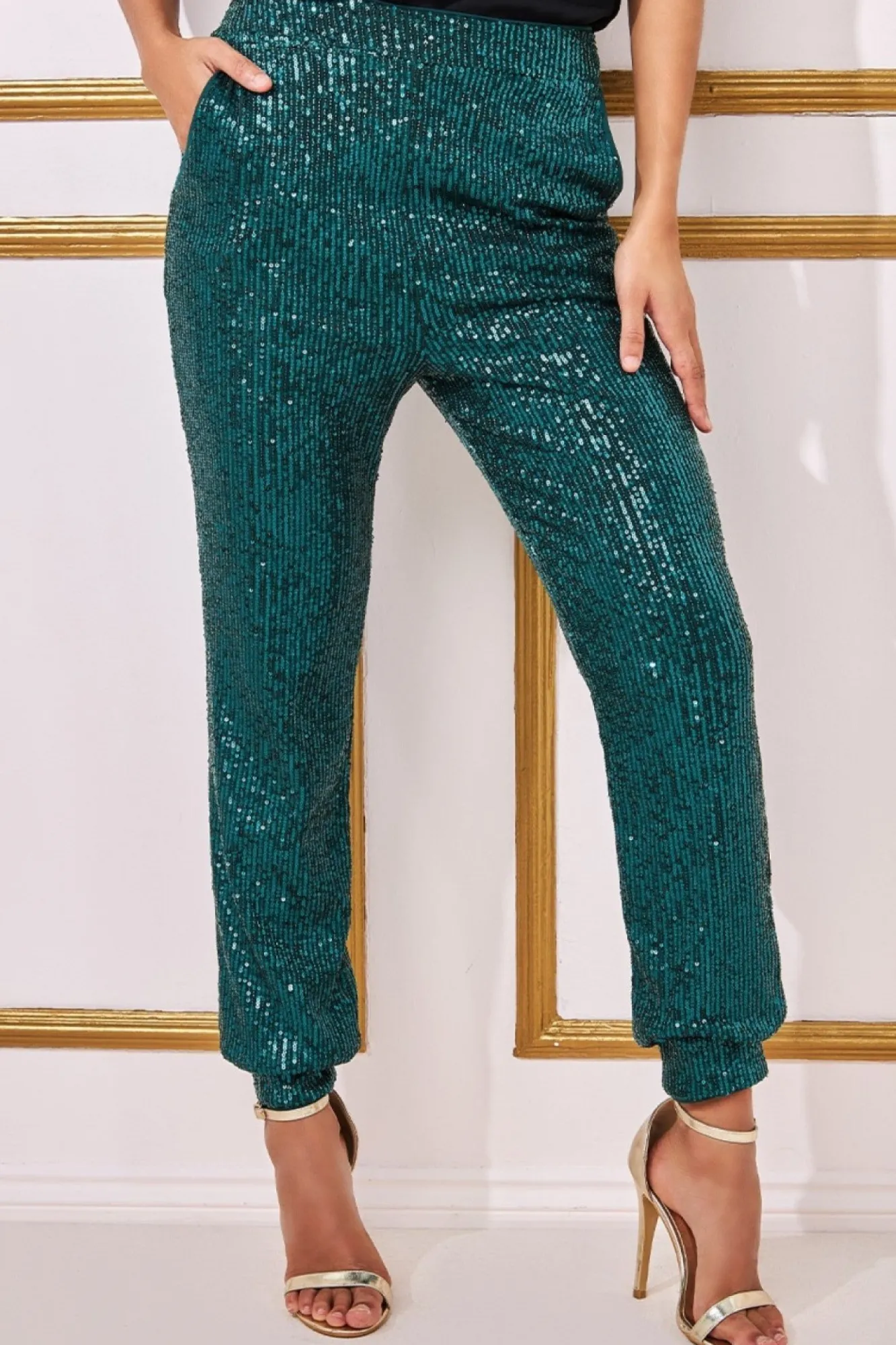 Trousers^* Sequin Cuffed Ankle Trouser Emerald