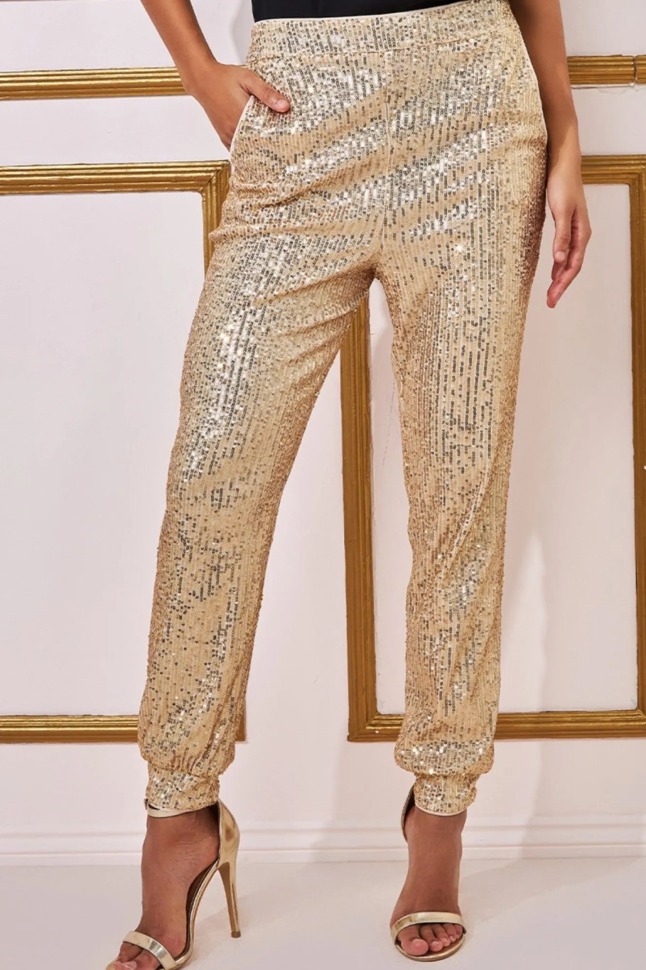 Trousers^* Sequin Cuffed Ankle Trouser Gold