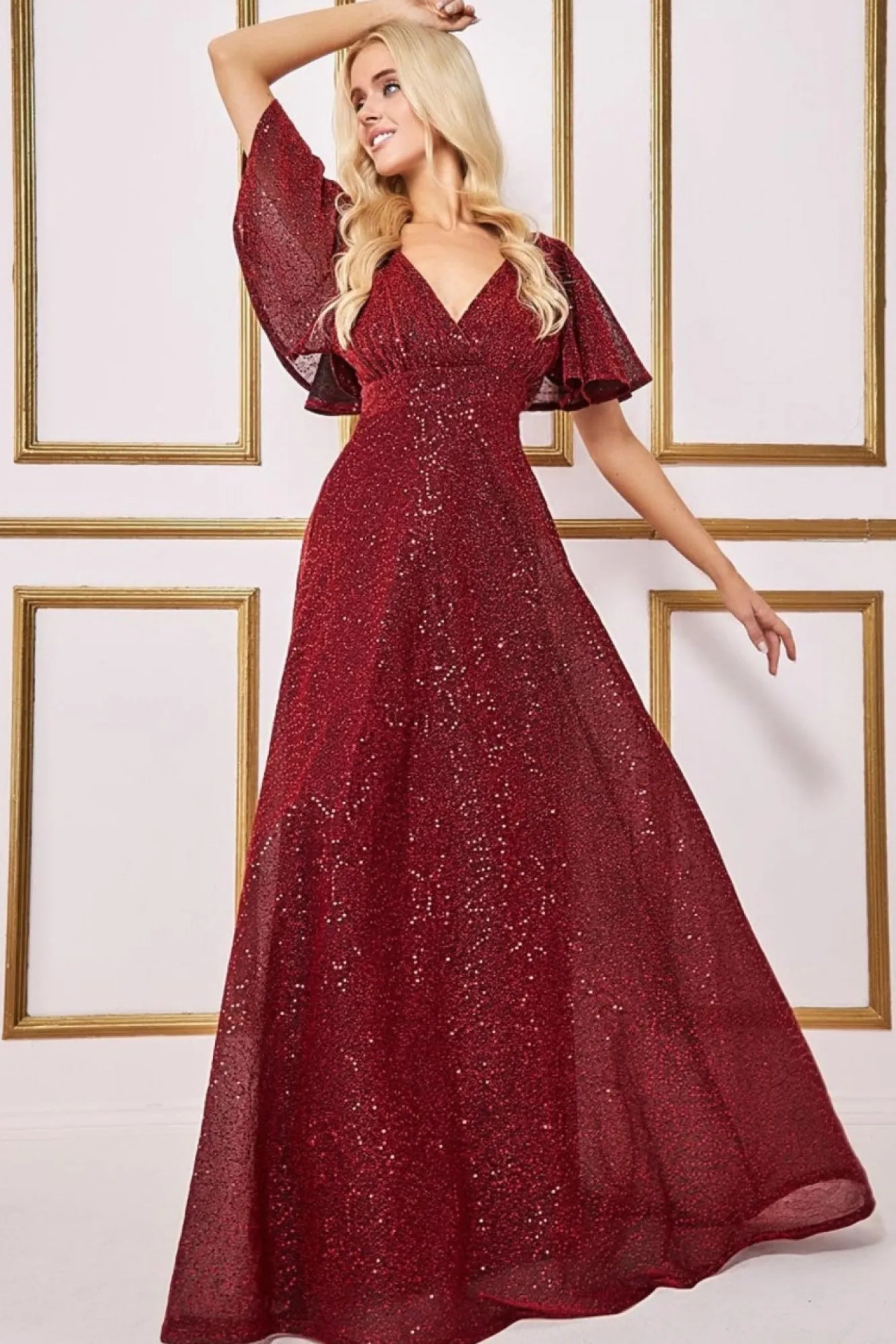 Maxi Dresses^* Sequin Lurex Flutter Sleeve Maxi Dress Wine