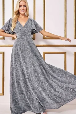 Maxi Dresses^* Sequin Lurex Flutter Sleeve Maxi Dress Silver