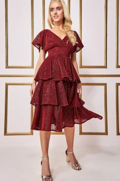Midi Dresses^* Sequin Lurex Tiered Midi Dress Wine