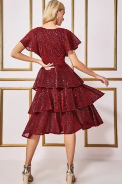 Midi Dresses^* Sequin Lurex Tiered Midi Dress Wine