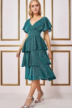 Midi Dresses^* Sequin Lurex Tiered Midi Dress Teal Blue
